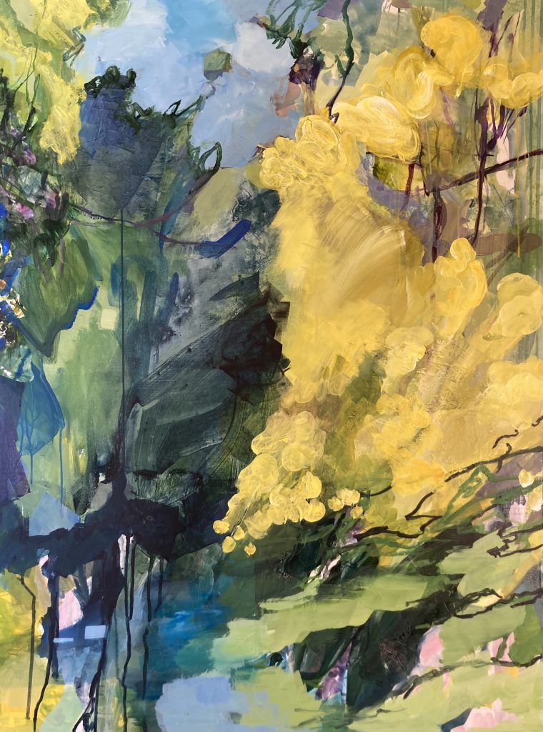 A painting titled Primavera I which is blue, yellow and green and shows various fluid shapes.