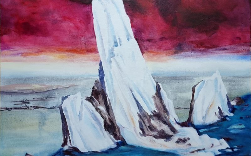 A painting of a glacier against a red sky. The glacier is white and sharply pointed towards the sky.