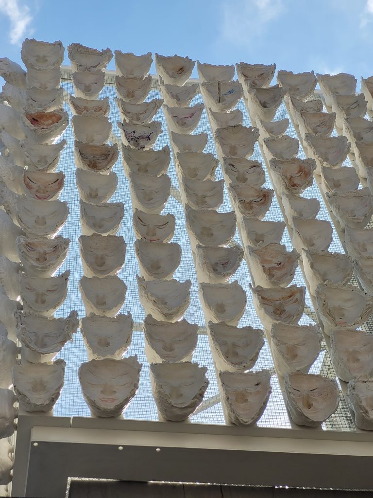 Close up of masks showing marks left from participants