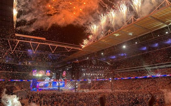 An image of fireworks going off over Wembley during the wrestling event