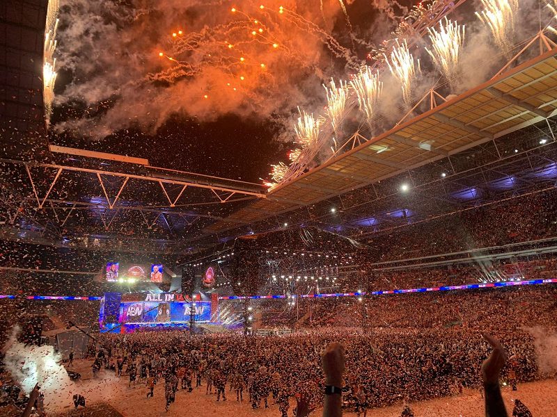 An image of fireworks going off over Wembley during the wrestling event