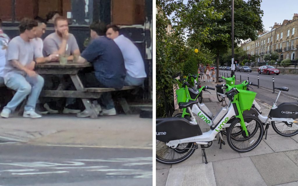 The image shows two scenes side by side. On the left, five men are sitting outside an Islington pub at a wooden table. On the right, a group of Lime bikes are parked haphazardly, blocking part of the pedestrian pathway.