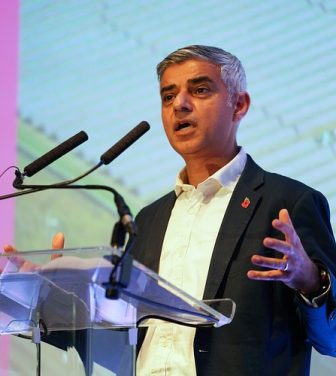 London Mayor Sadiq Khan speaking at the Green Investment Summit in December 2021.