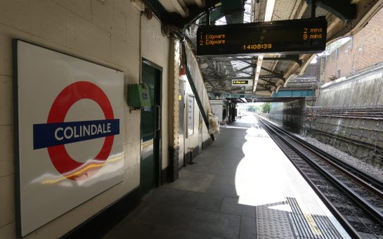 Colindale station platform, with the sign Colindale