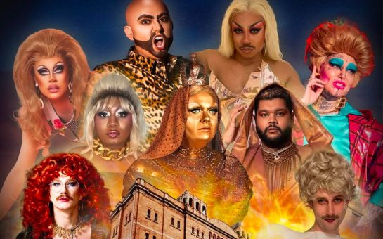 Promotional image for “EastBenders,” a drag show inspired by EastEnders, featuring a group of drag performers dressed as iconic characters from the soap. The performers are styled in dramatic wigs, bold makeup, and glamorous outfits, each embodying different EastEnders personalities. The Clapham Grand, the show’s venue, is prominently featured at the bottom of the image, engulfed in fiery effects, adding a sense of drama and excitement.